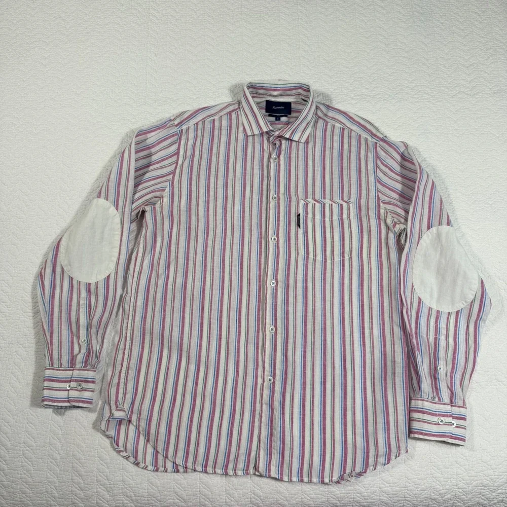 Façonnable Club Button Up Shirt Mens L Stripe 100% Linen‎ Elbow Patch Preppy EUC